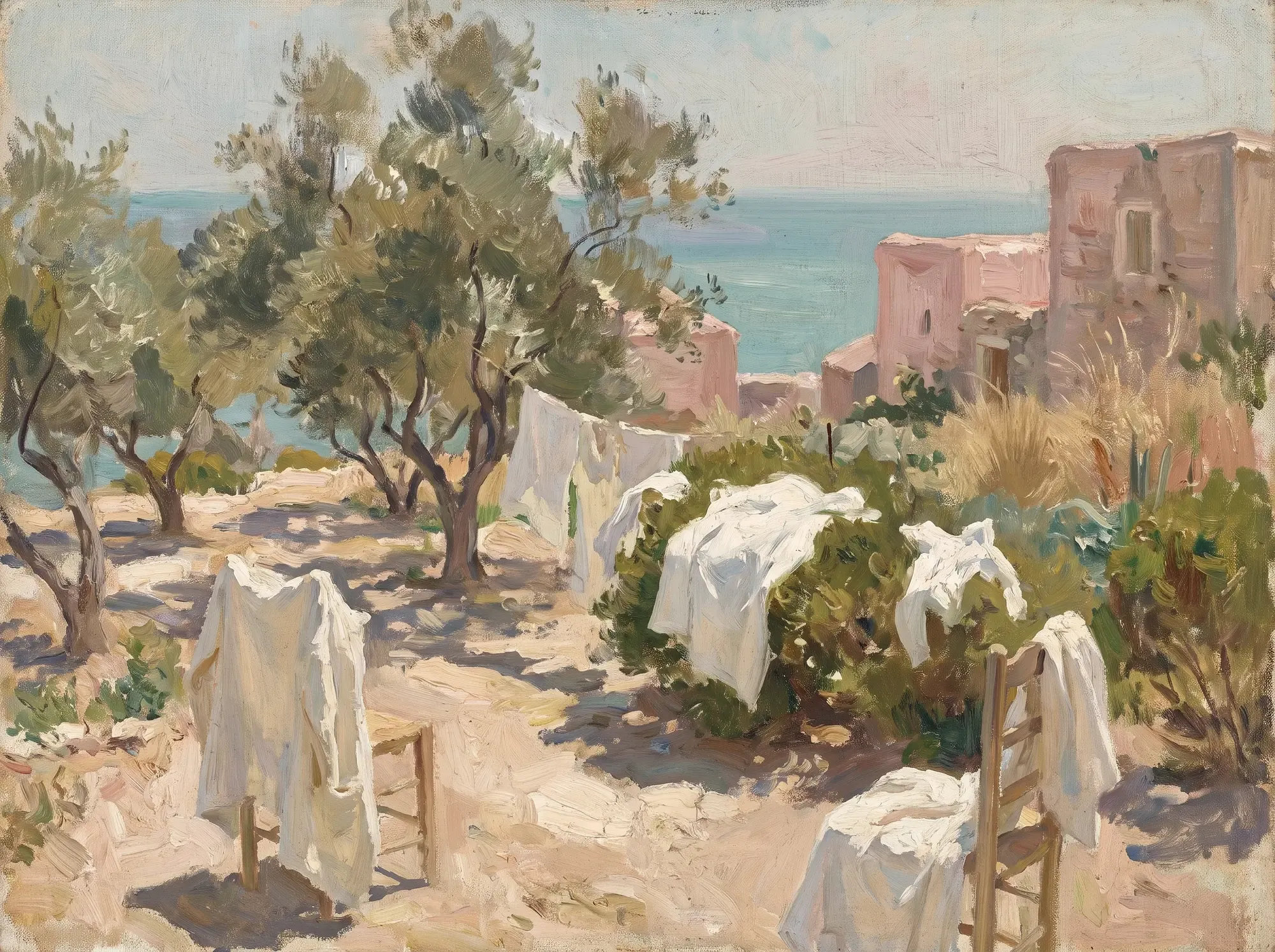 Sunlit Mediterranean courtyard with olive trees and laundry on a line