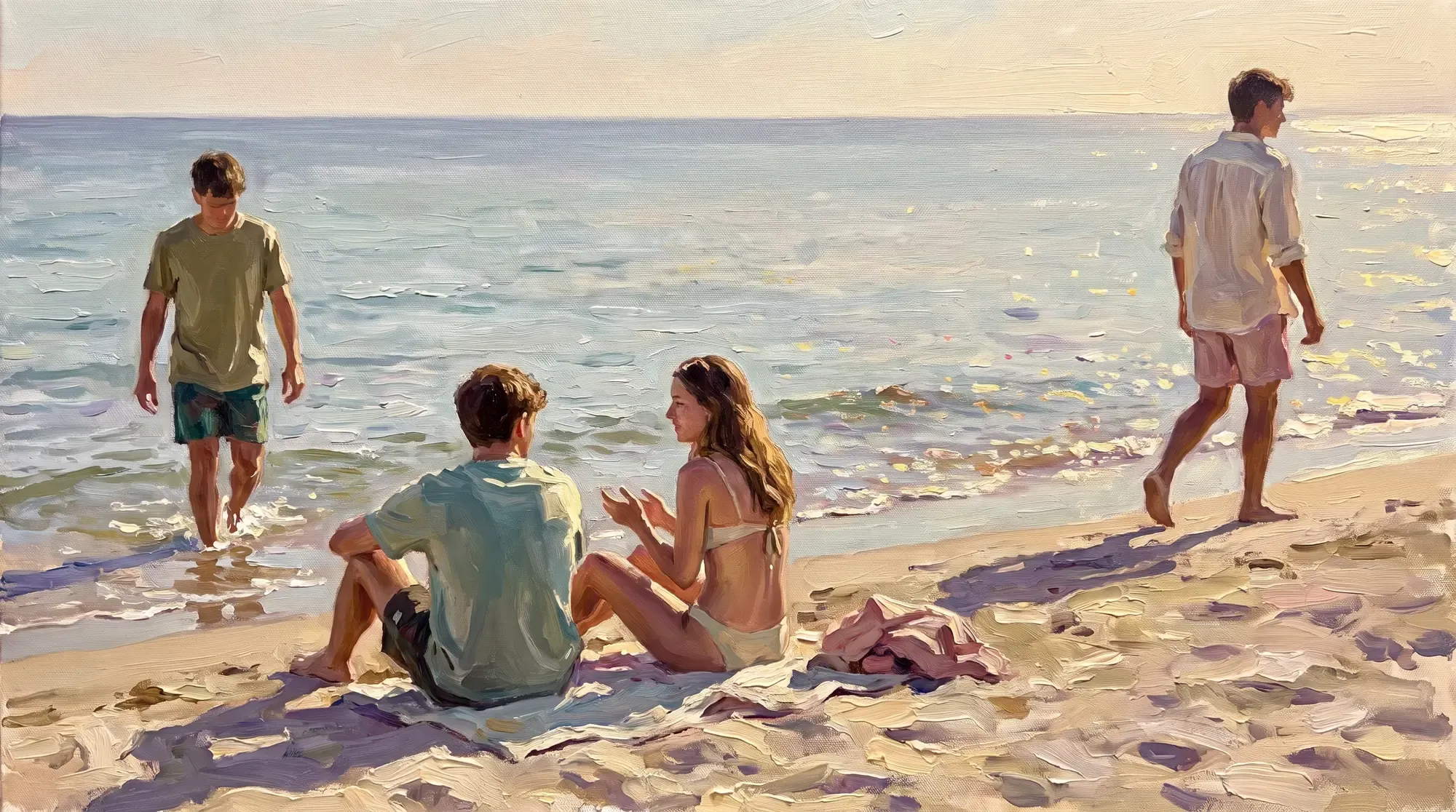 Young adults on a Mediterranean beach in bright midday sun