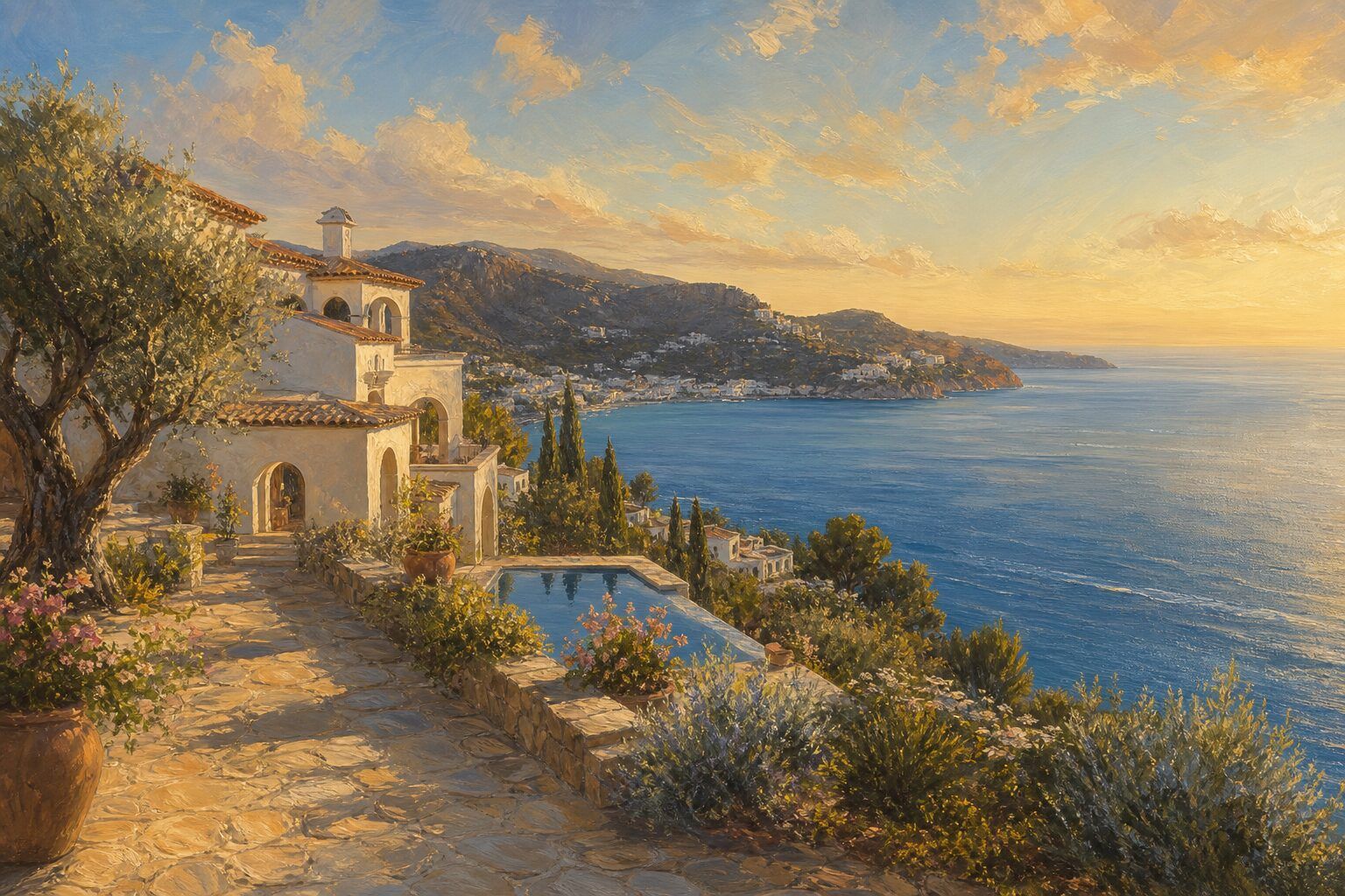 Painting of Casa Shalimar above the sea