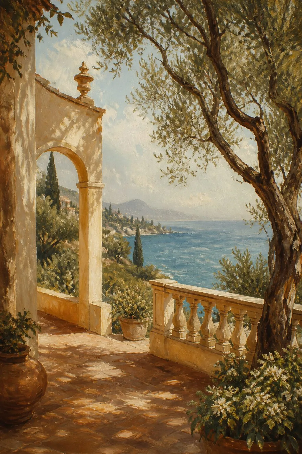 Impressionist view of a sunlit Mediterranean villa terrace overlooking the sea