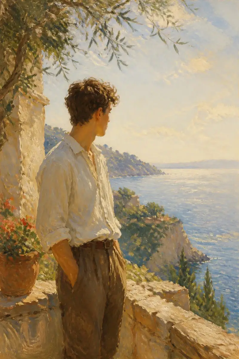 Impressionist painting of a young adult looking toward an open Mediterranean horizon